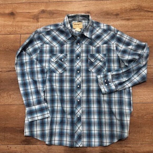 Wrangler‎ Blue Plaid Long Sleeve Western Pearl Snap Mens Size XXL - Picture 10 of 11
